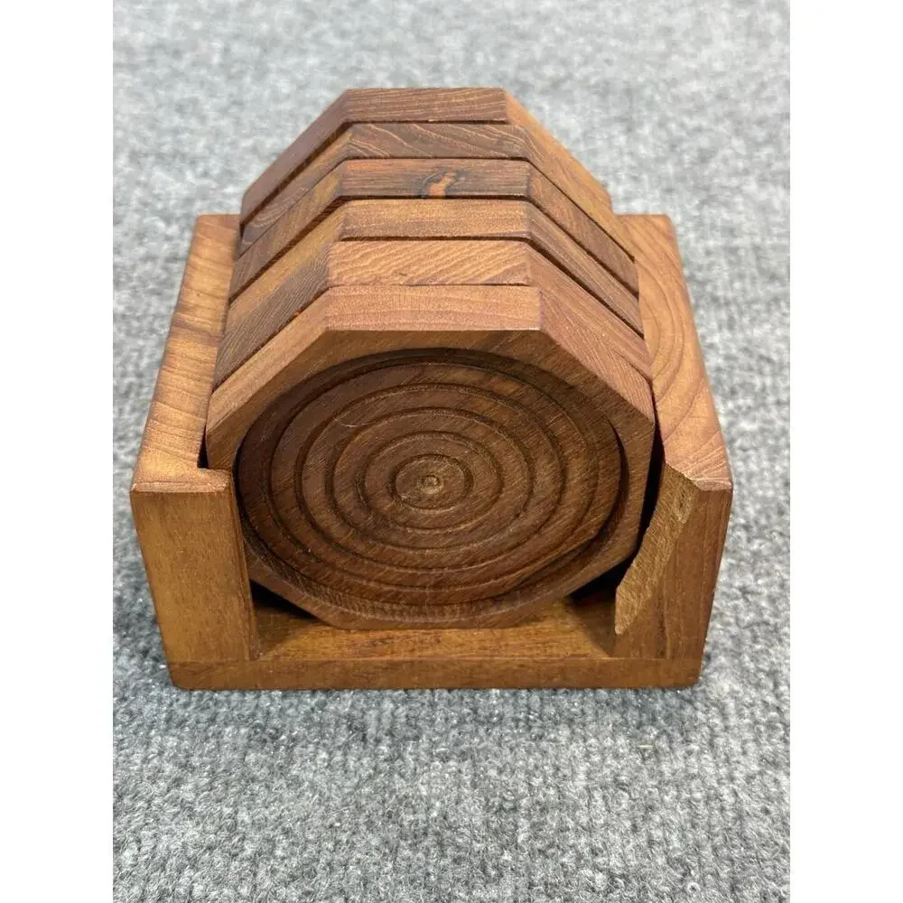 Vintage KALMAR Teak Wood‎ WOODEN COASTER  CADDY Set Of 6  HEXAGON SHAPE